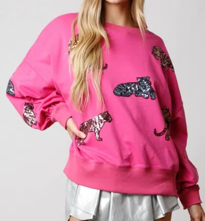 Peach Love Multi Color Sequins Tiger Sweatshirt In Fuchsia In Pink