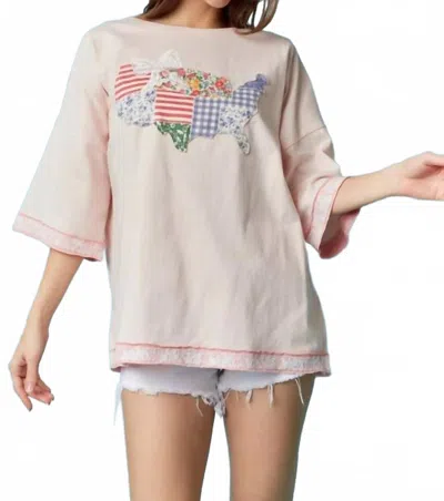 Peach Love Oversized Usa Land Map Patched Top In Blush In Gold