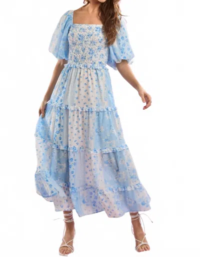 Peach Love Patchwork Bubble Sleeve Maxi Dress In Blue