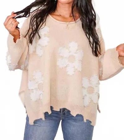 Peach Love Pearl Embellished Daisy Natural Sweater In Caramel