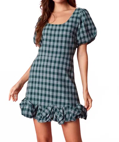 Peach Love Plaid Puff Ruffle Open Back Mini Dress In Dark Hunter Green In Multi