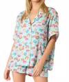 Peach Love Poly Satin Macarons Printed Pajama Shirt In Aqua