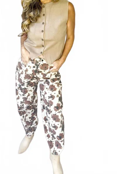 Peach Love Rancher Cow Print Barrel Leg Jeans In Brown