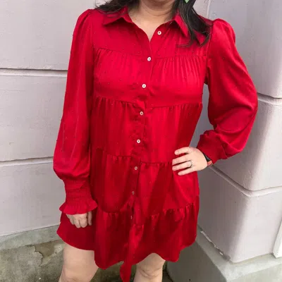 Peach Love Rhinestone Button Down Shirt Dress In Red