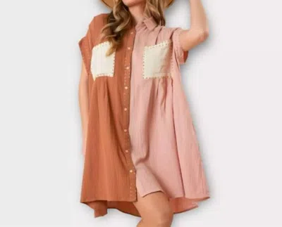 Peach Love Rhinestone Color Block Shirt Dress In Brown/taupe/cream In Multi