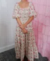 Peach Love Sabrina Poplin Puff Sleeve Floral Maxi Dress In Off-white In Multi
