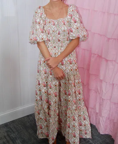 Peach Love Sabrina Poplin Puff Sleeve Floral Maxi Dress In Off-white In Multi