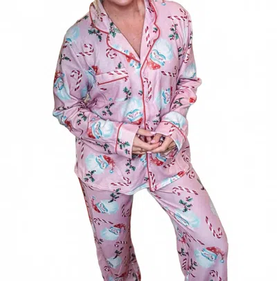 Peach Love Santa And Candy Cane Fleece Pajama Top In Pink In Black