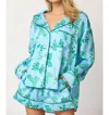 Peach Love Satin Bow Print Long Sleeve Pajama Set In Light Blue/ Green