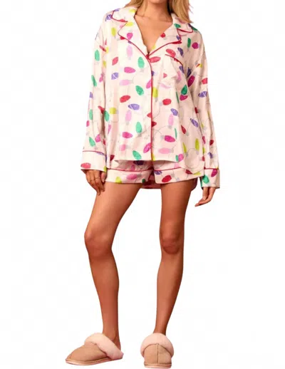 Peach Love Satin Christmas Lights Prints Pajama Set In Off White