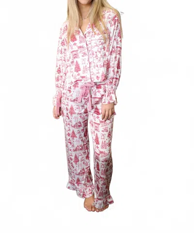 Peach Love Satin Christmas Pajama Set In Pink