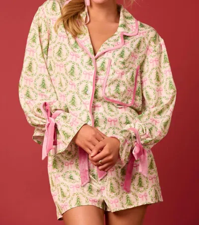 Peach Love Satin Christmas Tree And Bow Pajama Set In Ivory/ Light Green /pink