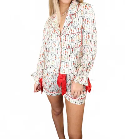 Peach Love Satin Nutcracker Pajama Set In White Multi