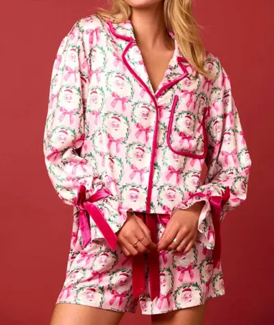 Peach Love Satin Santa And Bow Print Pajama Set In Pink/white