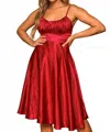 Peach Love Satin Scoopneck Midi Dress In Red In Red