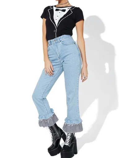 Peach Love Savanna Midi Gingham Ruffle Jeans In Light Blue