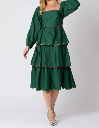 Peach Love Scalloped Trim Midi Dress Regular In Hunter Green