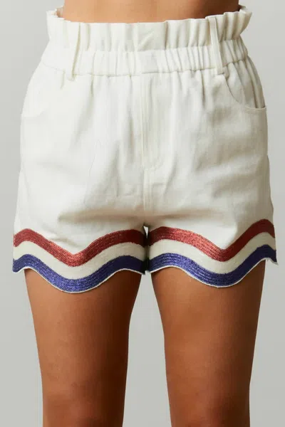 Peach Love Sequin Curved Hem Paper Bag Shorts In Off White