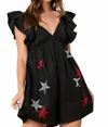 Peach Love Sequin Stars Rhinestone Ruffle Sleeve Romper In Black In Black