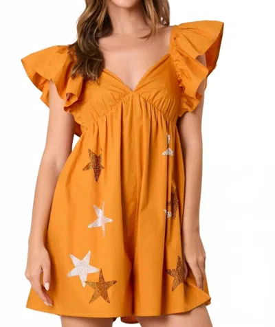 Peach Love Sequin Stars Rhinestone Ruffle Sleeve Romper In Burnt Orange