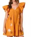 Peach Love Sequin Stars Rhinestone Ruffle Sleeve Romper In Burnt Orange In Yellow