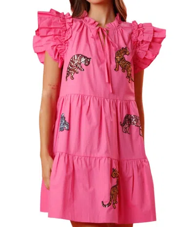 Peach Love Sequin Tiger Tiered Mini Dress In Pink