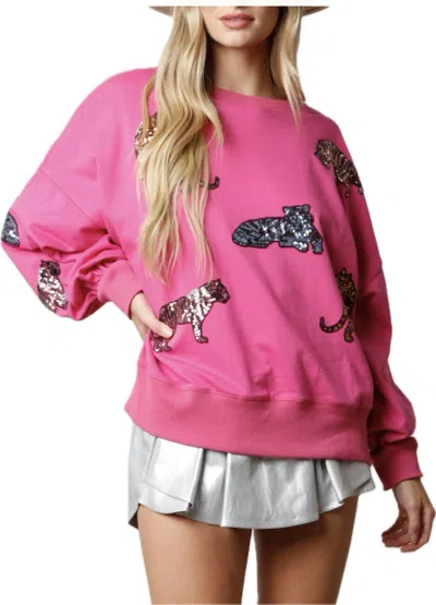 Peach Love Sequined Animal Loose Fit Sweatshirt In Fuchsia In Pink