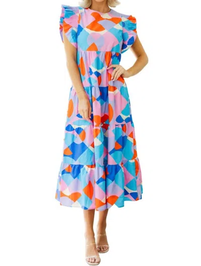 Peach Love Smocked Ruffle Sleeve Midi Dress In Multi
