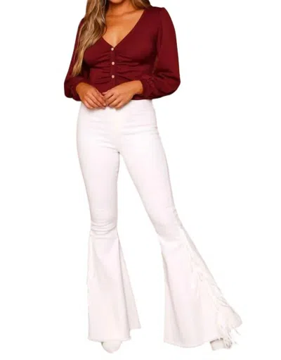 Peach Love Solid Bubble Long Sleeve Semi Crop Top In Burgundy In White