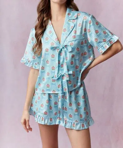 Peach Love Stripe And Bow Satin Printed Pajamas In Lightt Blue/pink