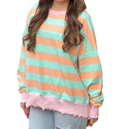 Peach Love Stripe Terry Top With Lettuce Edges In Mint/orange In Blue