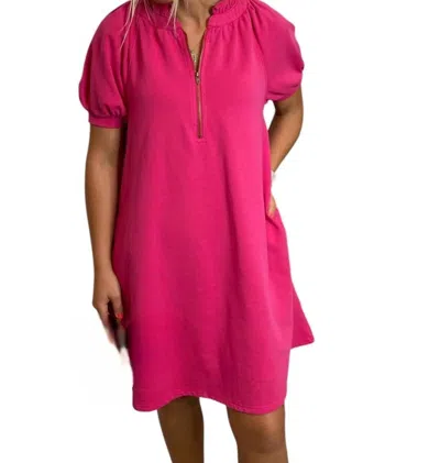 Peach Love Terry Shirt Dress With Zipper In Fuchsia In Pink
