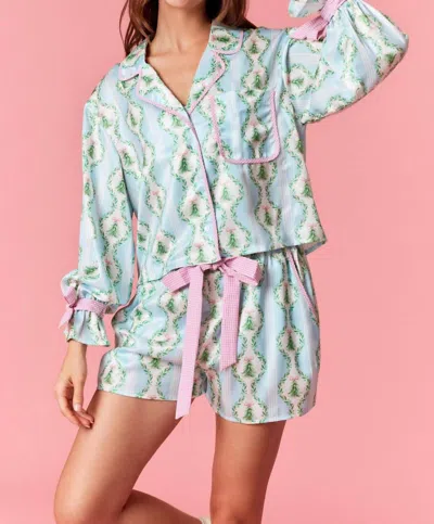 Peach Love Under The Tree Satin Christmas Pajama Set In Blue/pink