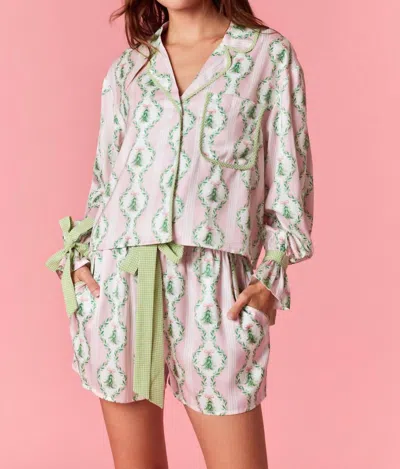 Peach Love Under The Tree Satin Christmas Pajama Set In Pink/green In Multi