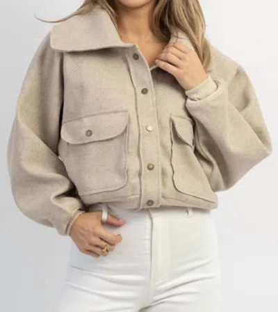 Peach Love Venice Snap Button Collared Jacket In Taupe In Beige