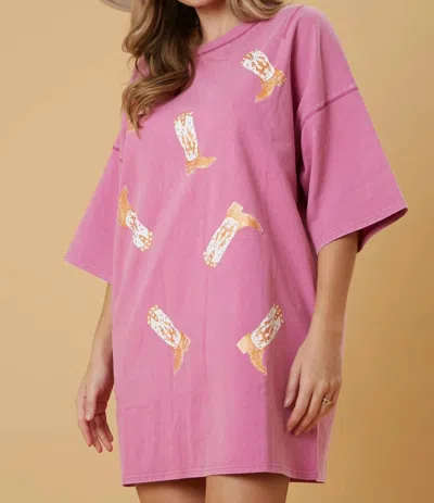 Peach Love Western Boot T-shirt Dress In Magenta In Pink