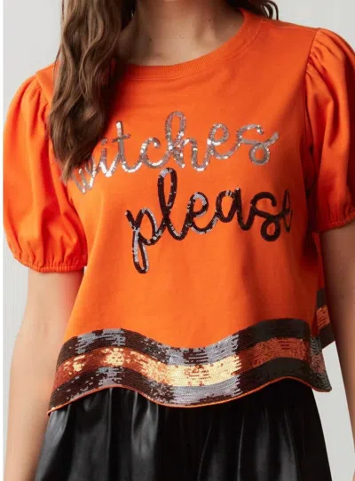 PEACH LOVE WITCHES PLEASE TOP: SEQUINS EMBROIDERED HALLOWEEN TOP IN ORANGE