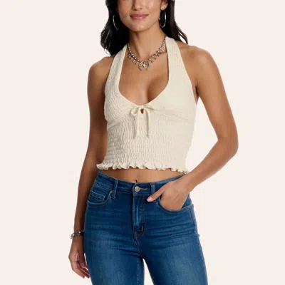 Peach Love Women's Cream Smocked Halter Crop Top In White