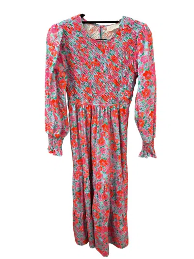 Peach Love Women's Floral Smock Midi Dress In Pink Multi In Red