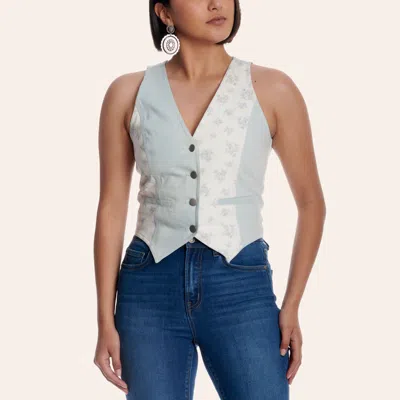 Peach Love Women's Light Wash Denim Floral Print Patchwork Vest In Blue