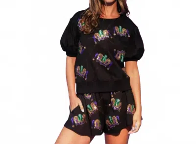 Peach Love Women's Mardi Gras Sequin Short Set In Black