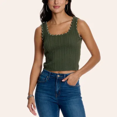 Peach Love Women's Olive Ribbed Knit Pearl Stud Cropped Tank Top In Green