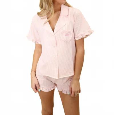 Peach Love Women's Pinstripe Ruffle Shorty Pajamas Set In Pink Stripe
