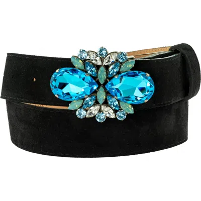 Peachy Belts Ltd Women's Black Suede Belt & Turquoise Crown Jewels Diamante Buckle