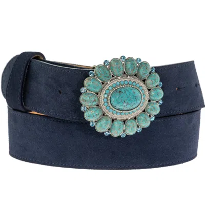 Peachy Belts Ltd Women's Blue Navy Suede Belt & Detachable Turquoise Stone Flower Buckle