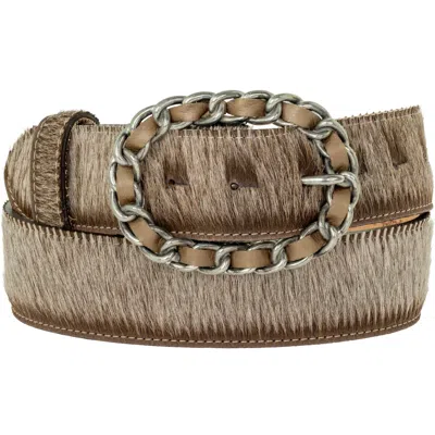 Peachy Belts Ltd Women's Brown Brindle Cowhide Belt With Silver Coco Buckle With Mink Leather