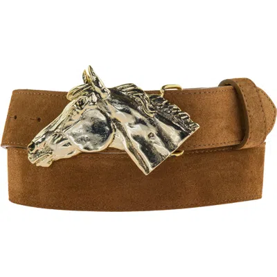 Peachy Belts Ltd Women's Brown Gold Horse Head Belt Buckle On Chestnut Suede Leather Belt Unisex