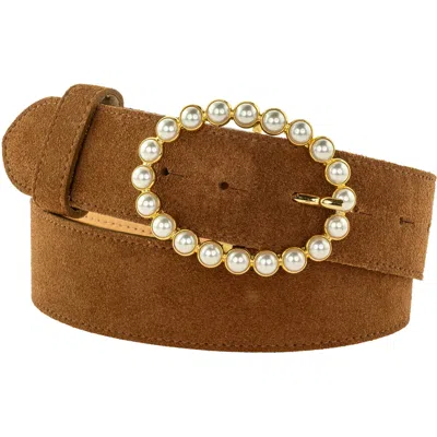 Peachy Belts Ltd Women's Brown Gold Pearl Oval Buckle & Chestnut Suede Belt