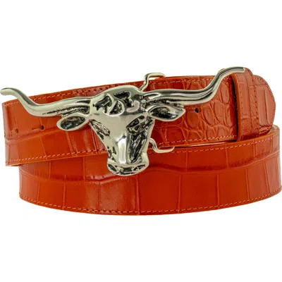 Peachy Belts Ltd Women's Silver Steers Head Buckle With Orange Croc Print Leather Belt Unisex