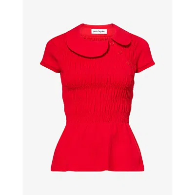 Peachy Den Womens Ferdinand Shirring Cotton-stretch Polo Top Tomato In Red